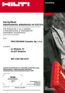 Certyfikat ukończenia szkolenia Hilti – str. 1